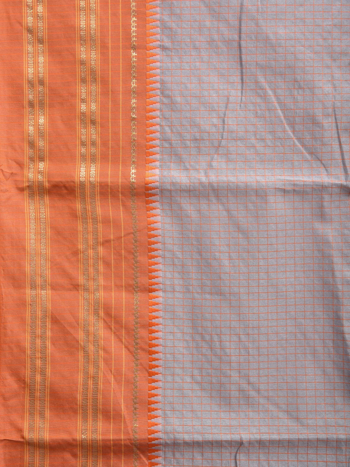 Grey and Orange Bamboo Cotton Viscose Silk Saree with Checks Design No Blouse bc0367