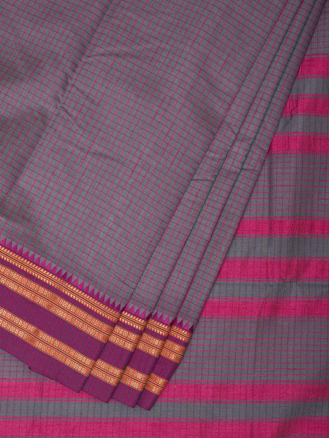 Grey and Pink Bamboo Cotton Saree with Checks Design bc0111