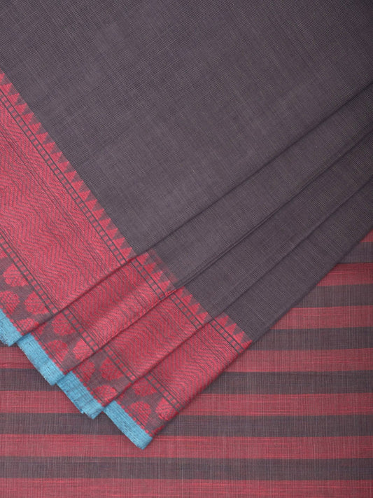 Grey and Pink Kanchipuram Cotton Handloom Plain Saree with Strips Pallu and Border Design k0545
