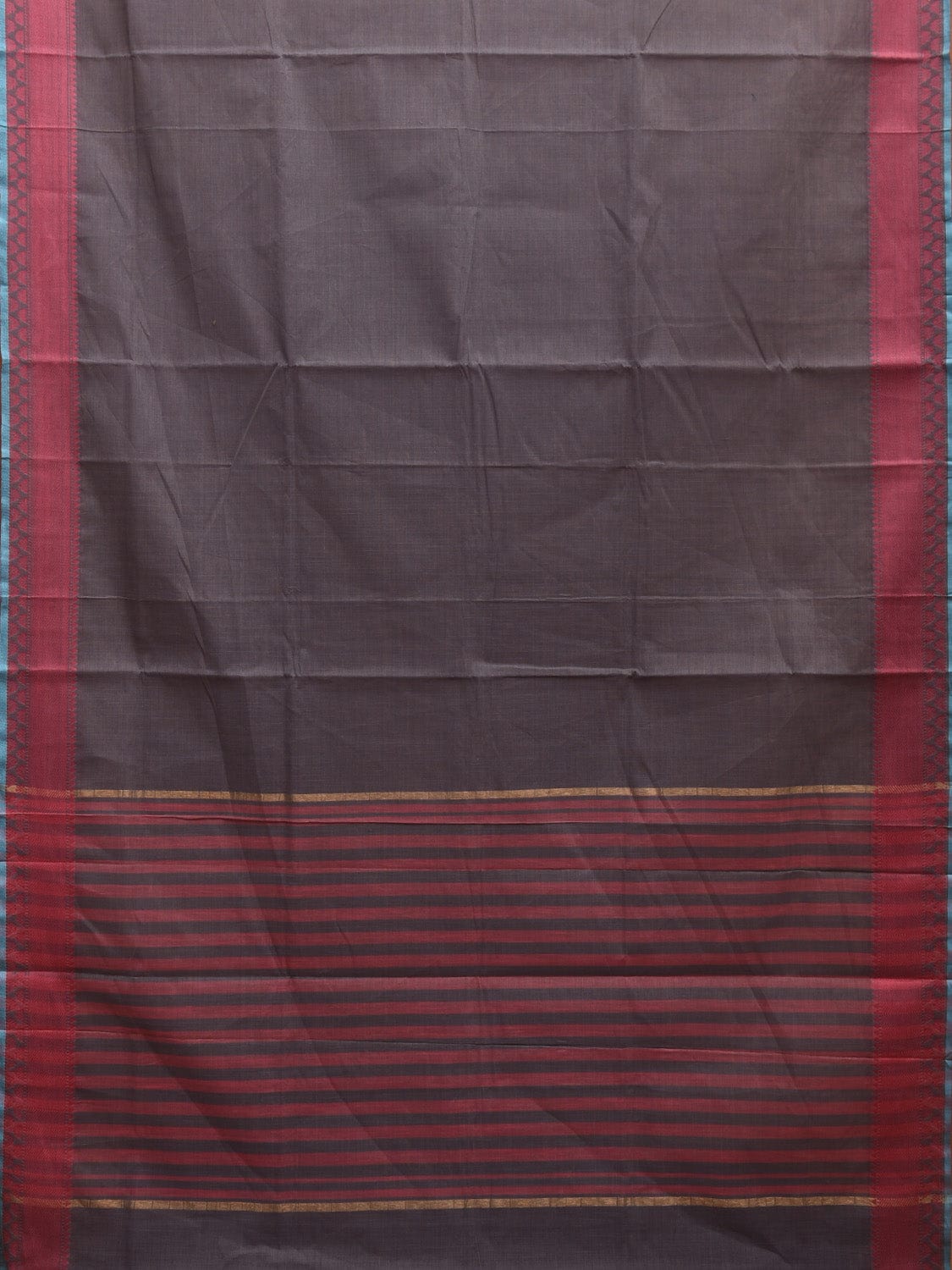 Grey and Pink Kanchipuram Cotton Handloom Plain Saree with Strips Pallu and Border Design k0545
