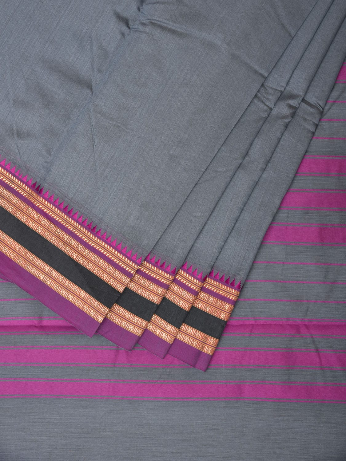 Grey and Purple Bamboo Cotton Plain Saree with Temple Border Design No Blouse bc0175