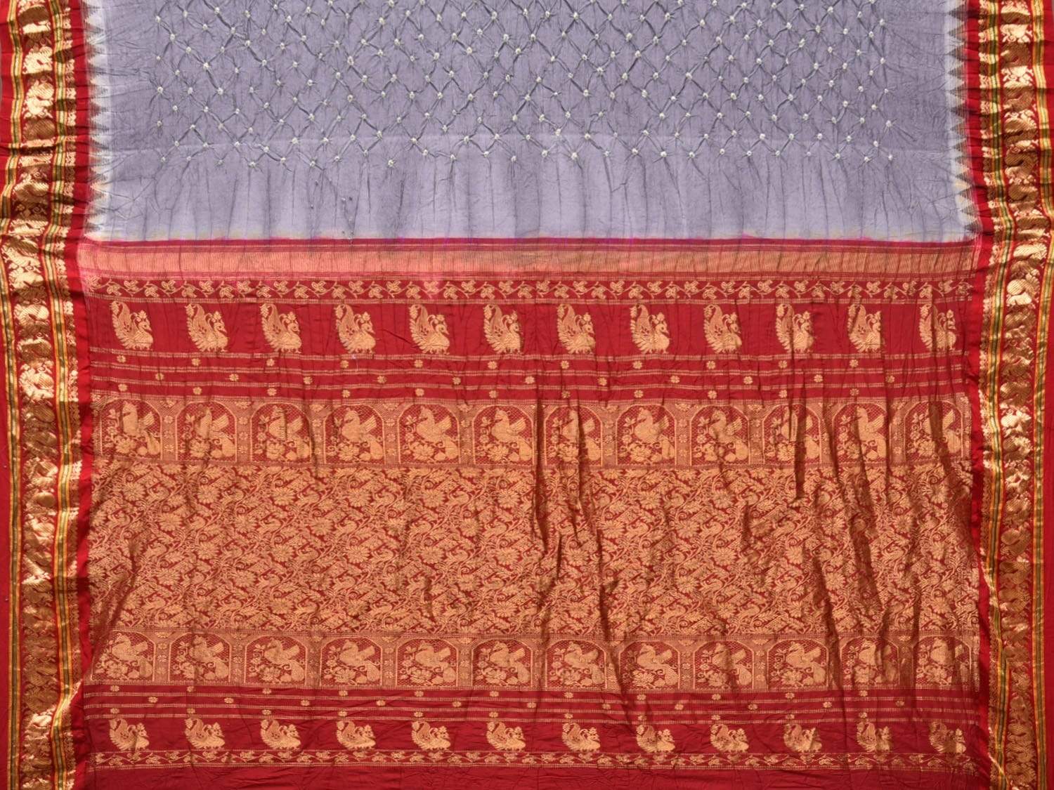 Grey and Red Bandhani Kanchipuram Silk Handloom Saree with Pallu Design bn0182