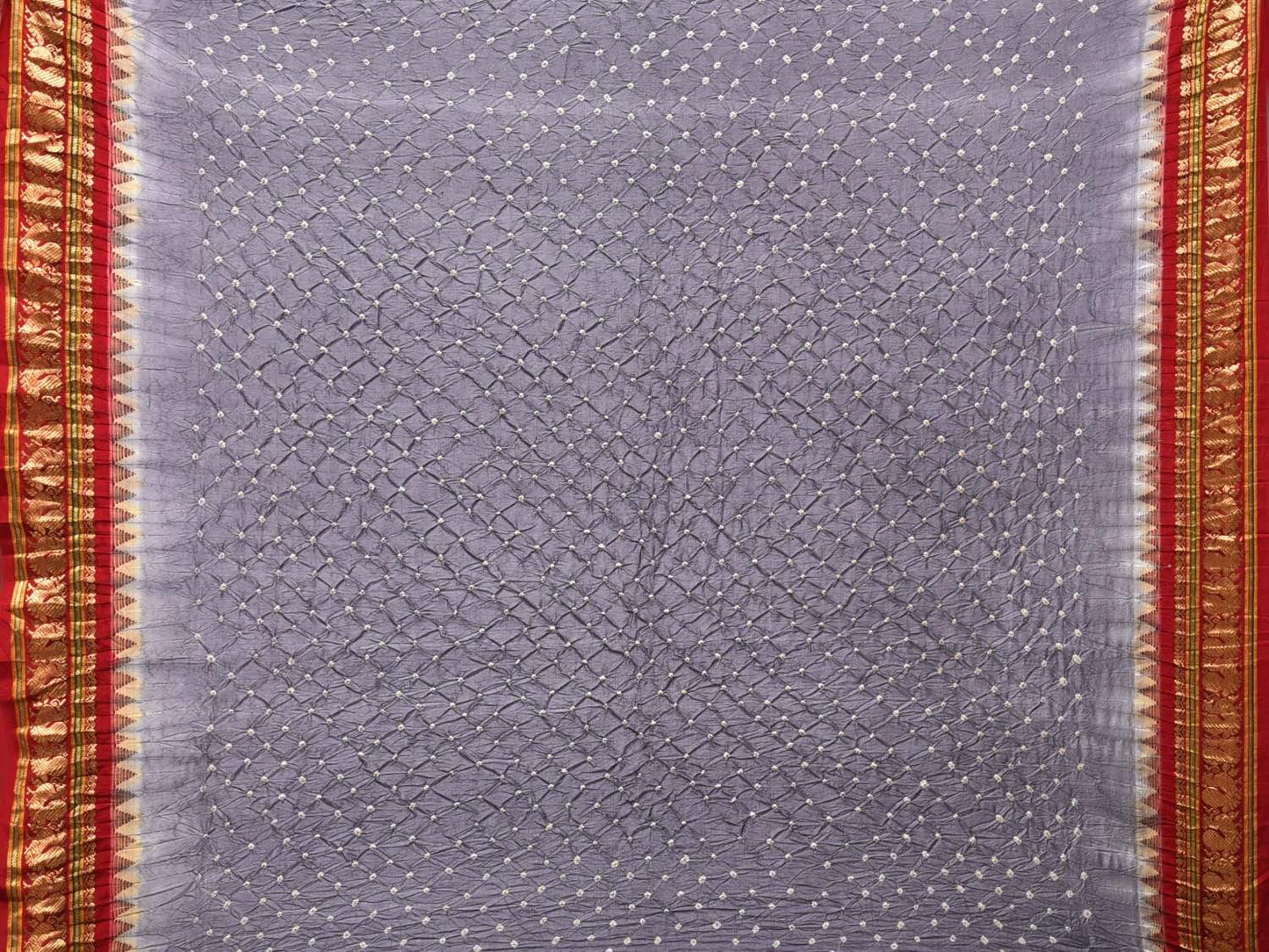 Grey and Red Bandhani Kanchipuram Silk Handloom Saree with Pallu Design bn0182