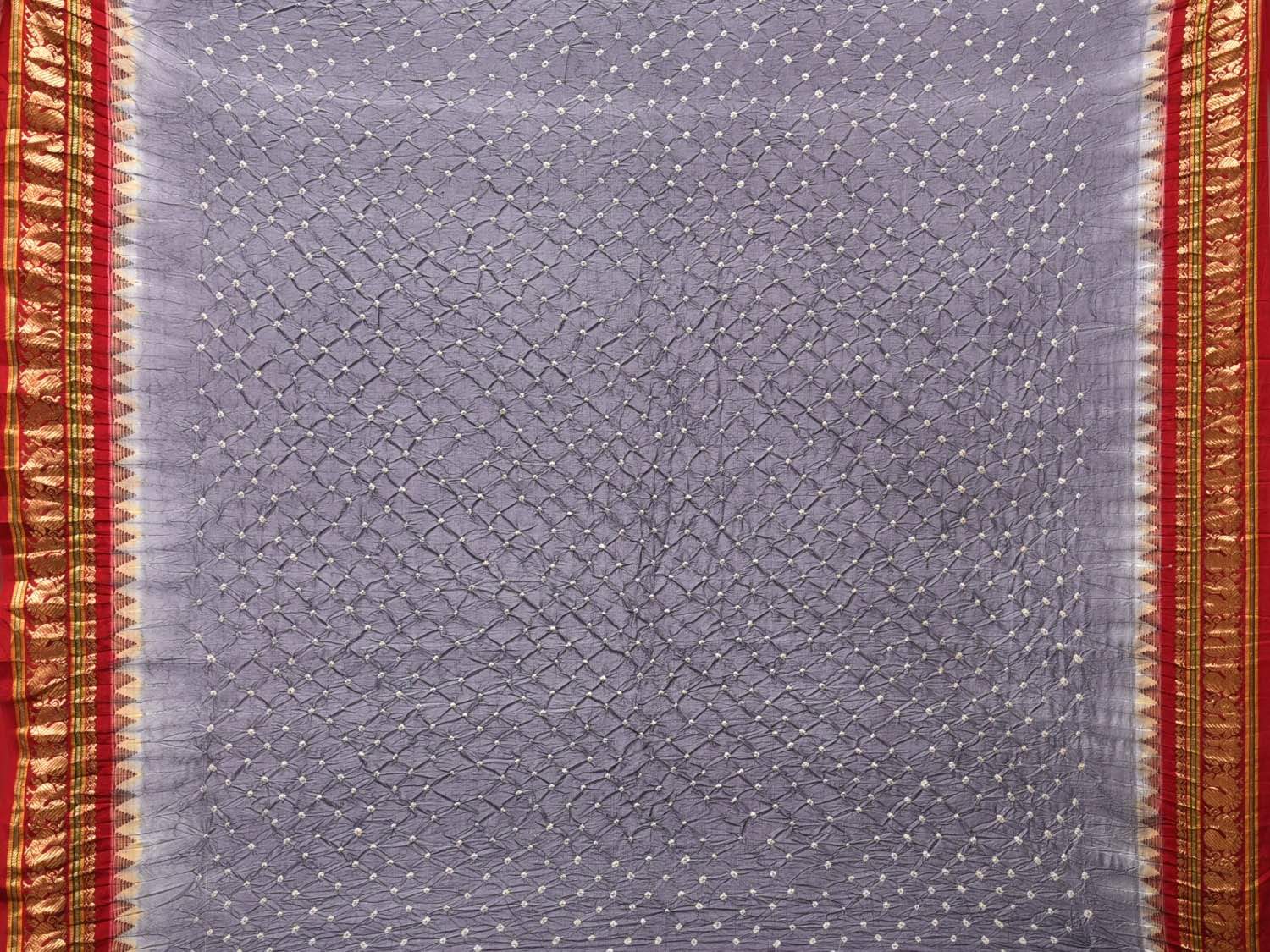 Grey and Red Bandhani Kanchipuram Silk Handloom Saree with Pallu Design bn0182