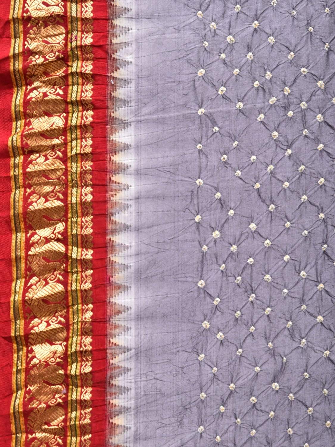 Grey and Red Bandhani Kanchipuram Silk Handloom Saree with Pallu Design bn0182
