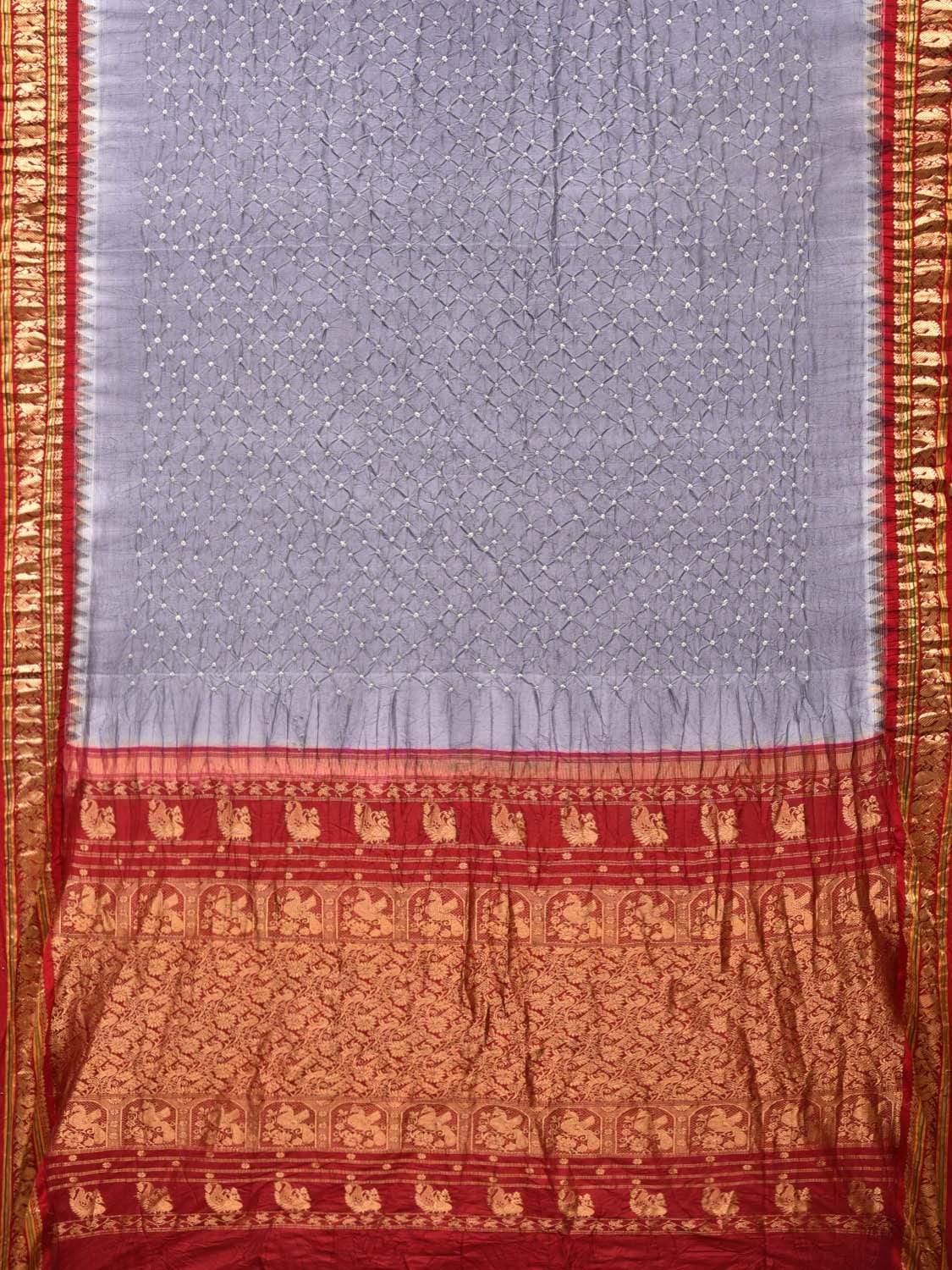 Grey and Red Bandhani Kanchipuram Silk Handloom Saree with Pallu Design bn0182