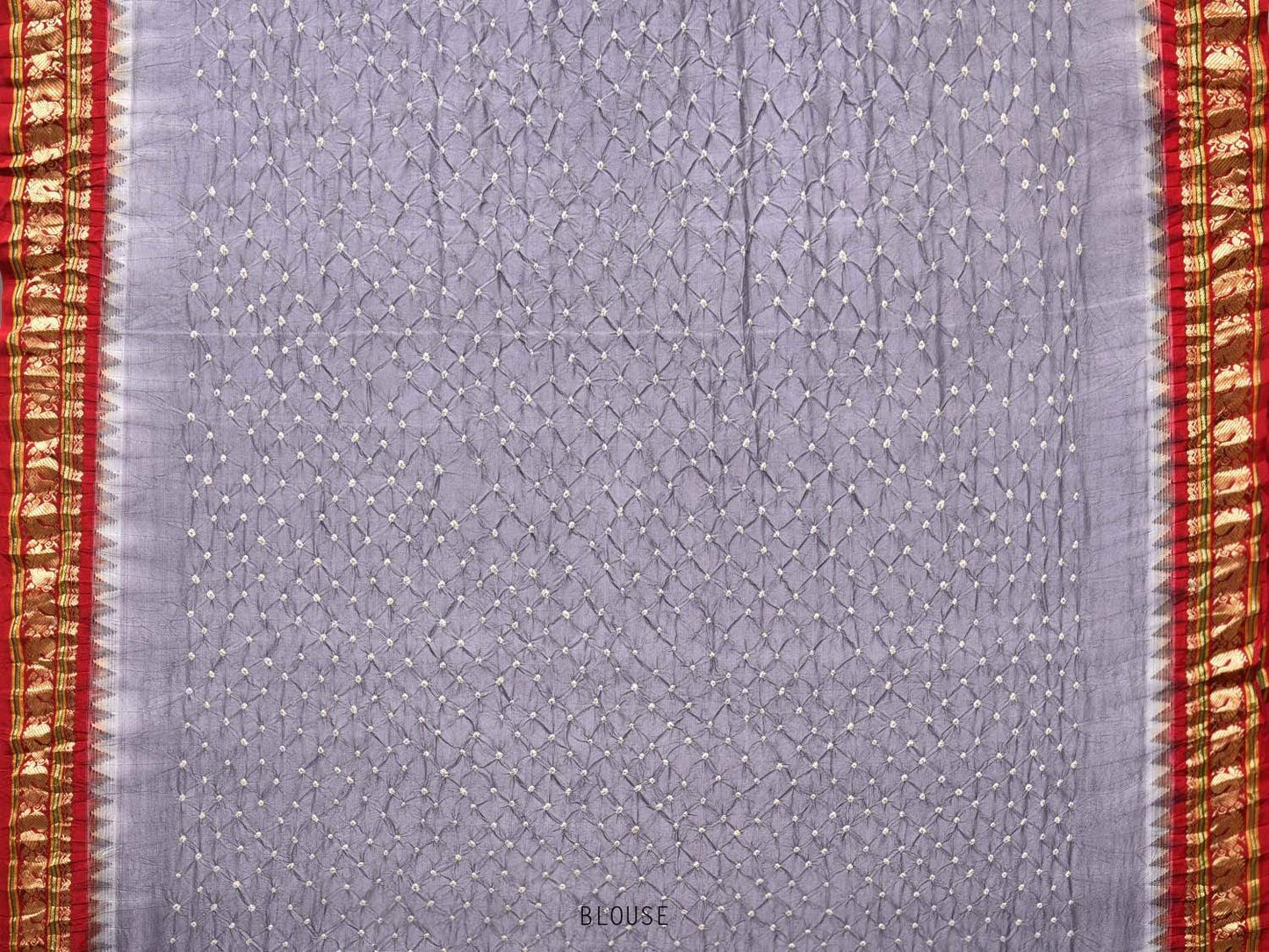 Grey and Red Bandhani Kanchipuram Silk Handloom Saree with Pallu Design bn0182