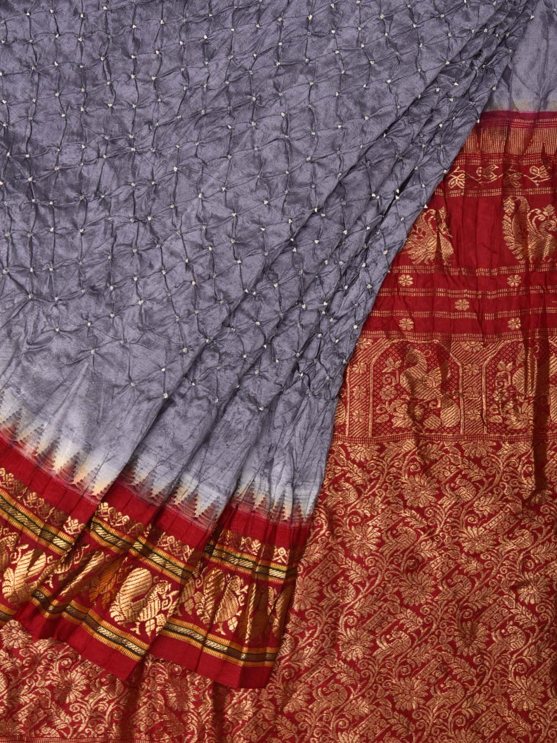 Grey and Red Bandhani Kanchipuram Silk Handloom Saree with Pallu Design bn0182