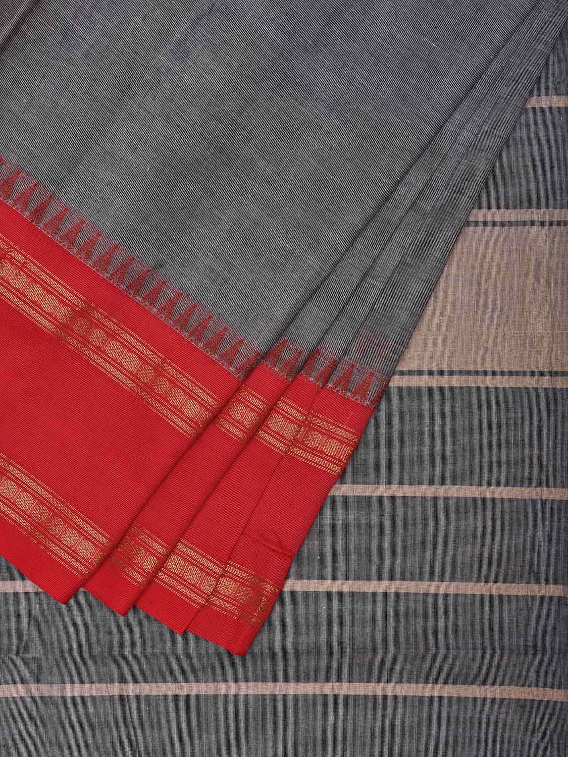 Grey and Red Gadwal Cotton Plain Saree with Strips Pallu and Small Temple Border Design g0438