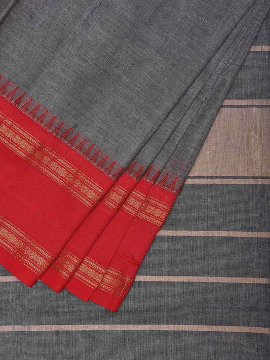 Grey and Red Gadwal Cotton Plain Saree with Strips Pallu and Small Temple Border Design g0438