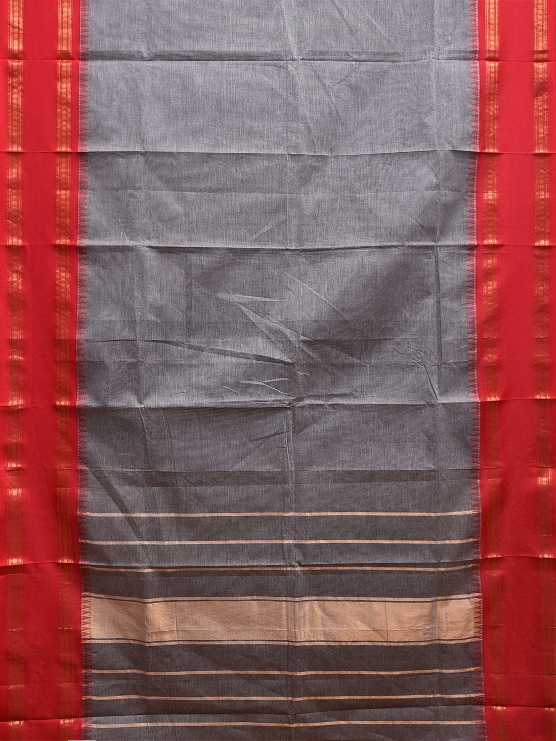 Grey and Red Gadwal Cotton Plain Saree with Strips Pallu and Small Temple Border Design g0438