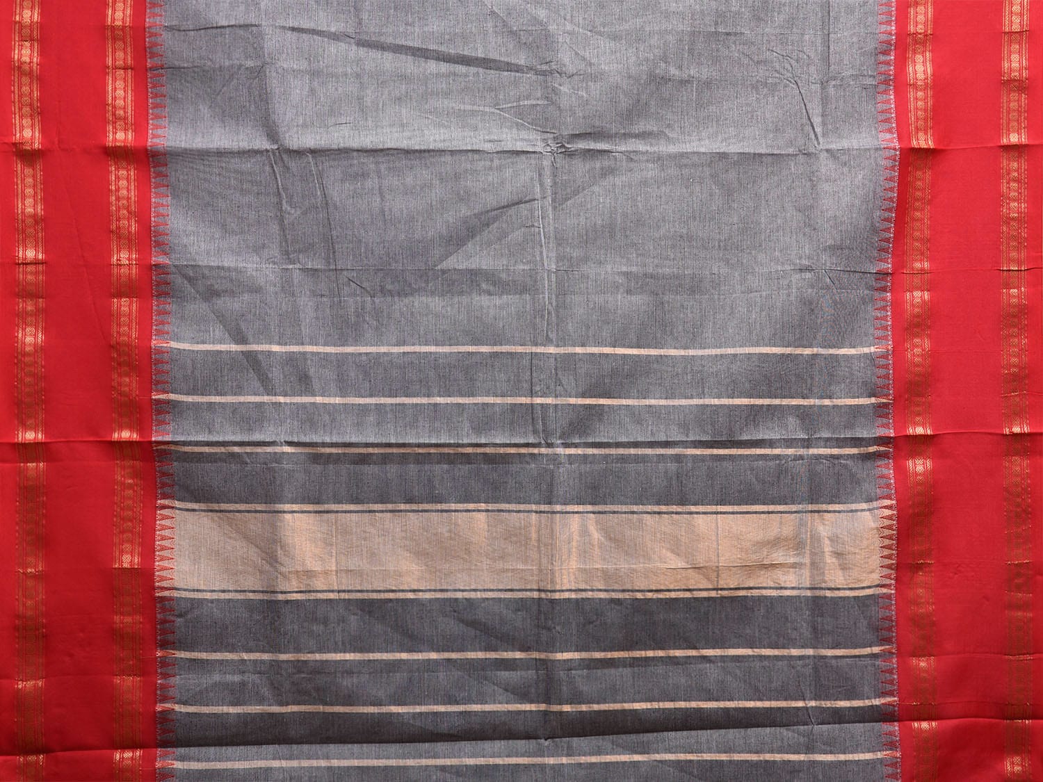 Grey and Red Gadwal Cotton Plain Saree with Strips Pallu and Small Temple Border Design g0438