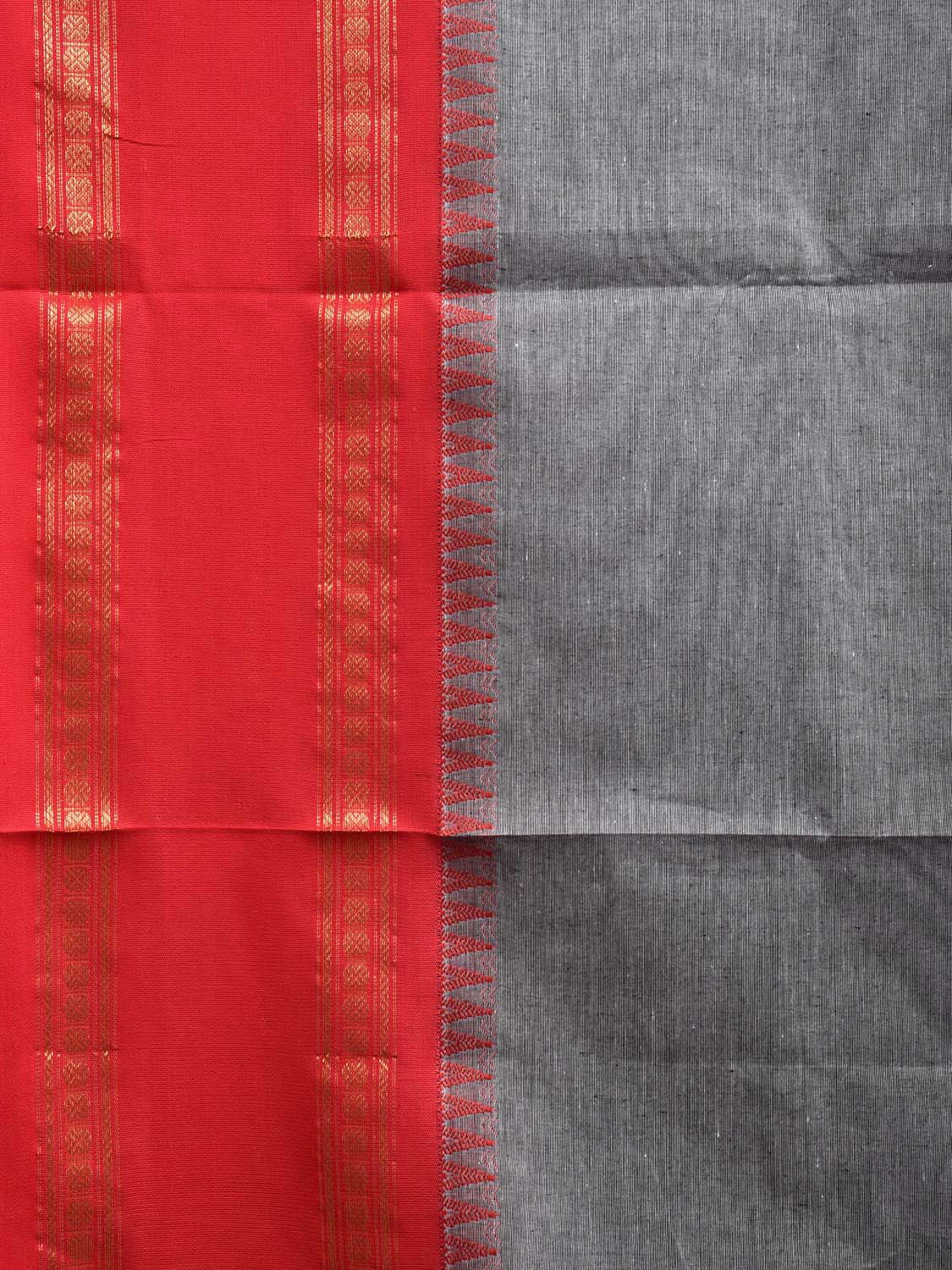 Grey and Red Gadwal Cotton Plain Saree with Strips Pallu and Small Temple Border Design g0438