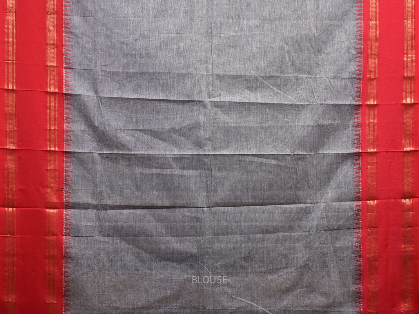 Grey and Red Gadwal Cotton Plain Saree with Strips Pallu and Small Temple Border Design g0438