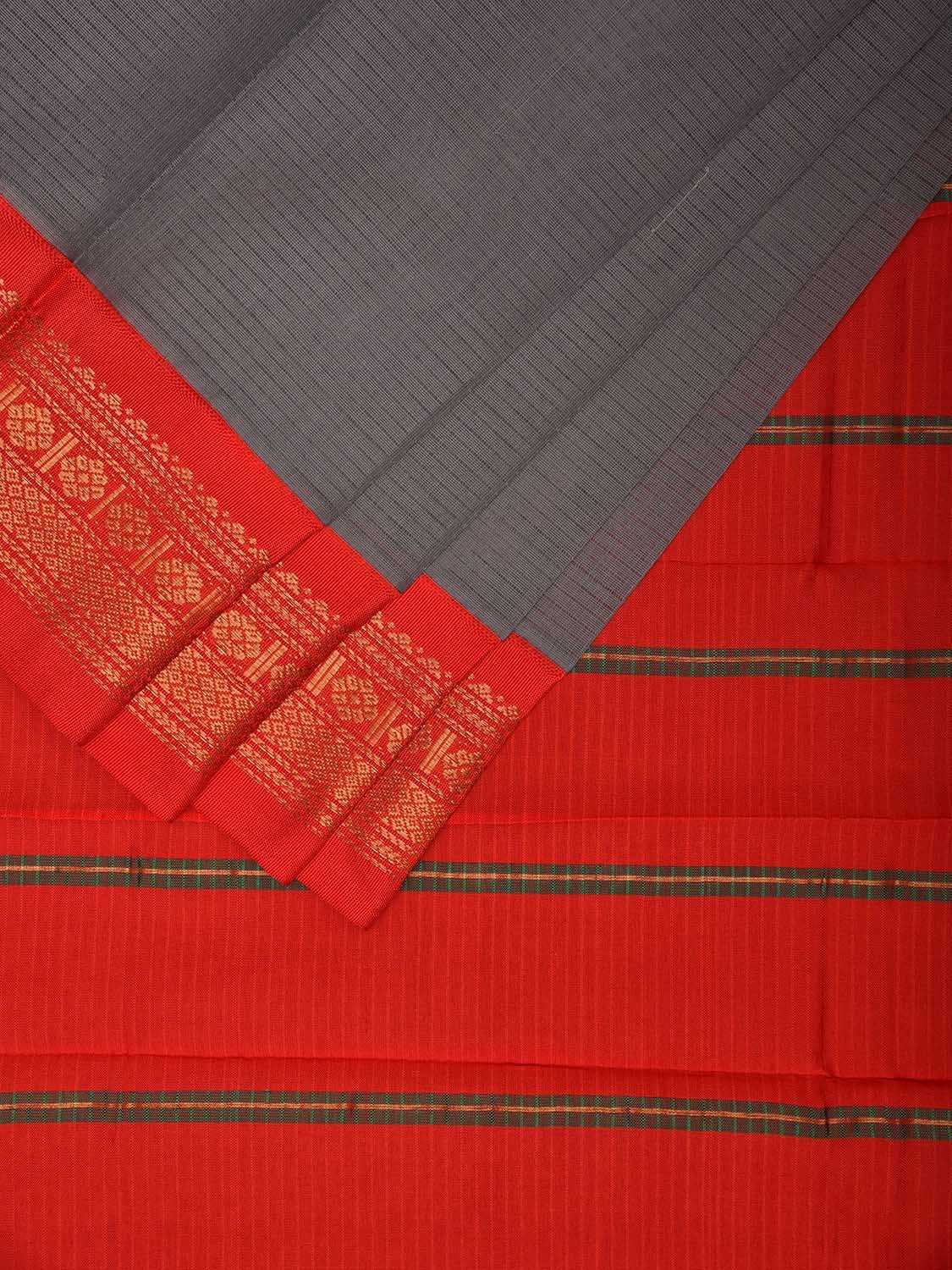 Grey and Red Gadwal Cotton Stripes Saree with Pallu and Border Design No Blouse g0422