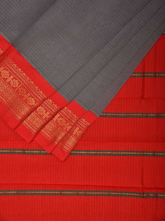 Grey and Red Gadwal Cotton Stripes Saree with Pallu and Border Design No Blouse g0422