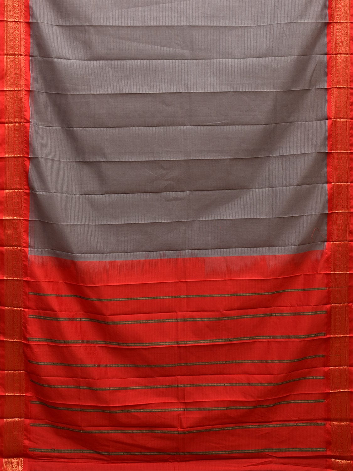 Grey and Red Gadwal Cotton Stripes Saree with Pallu and Border Design No Blouse g0422