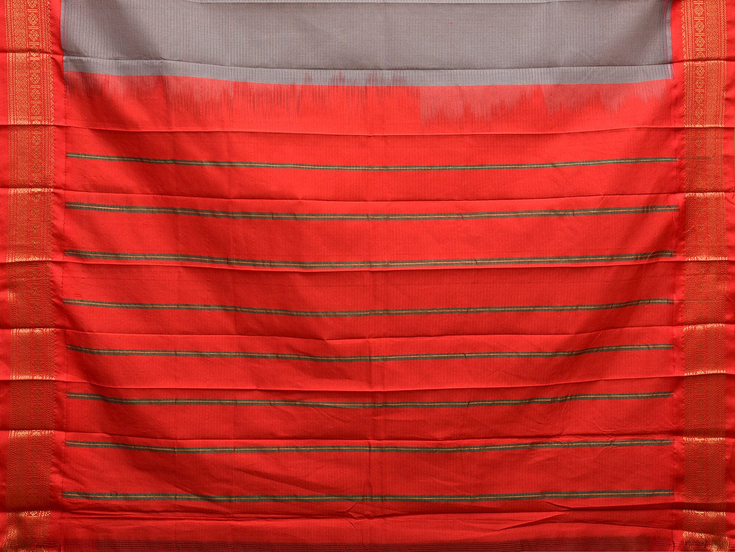 Grey and Red Gadwal Cotton Stripes Saree with Pallu and Border Design No Blouse g0422