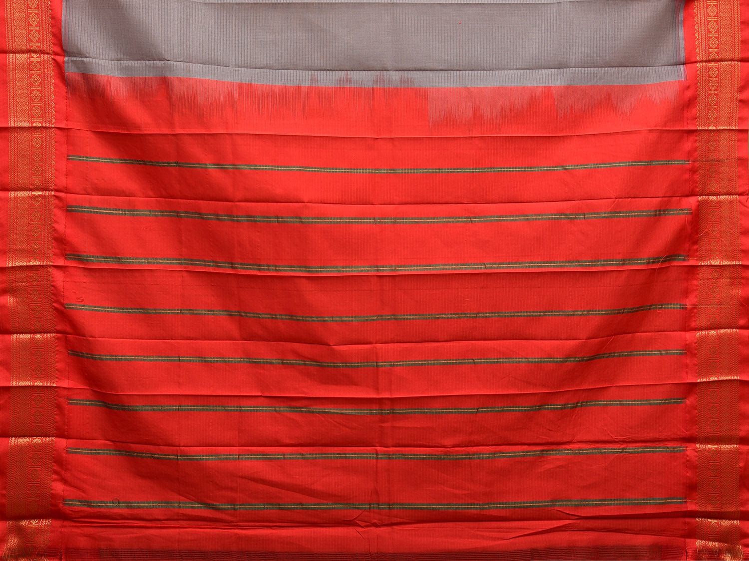 Grey and Red Gadwal Cotton Stripes Saree with Pallu and Border Design No Blouse g0422