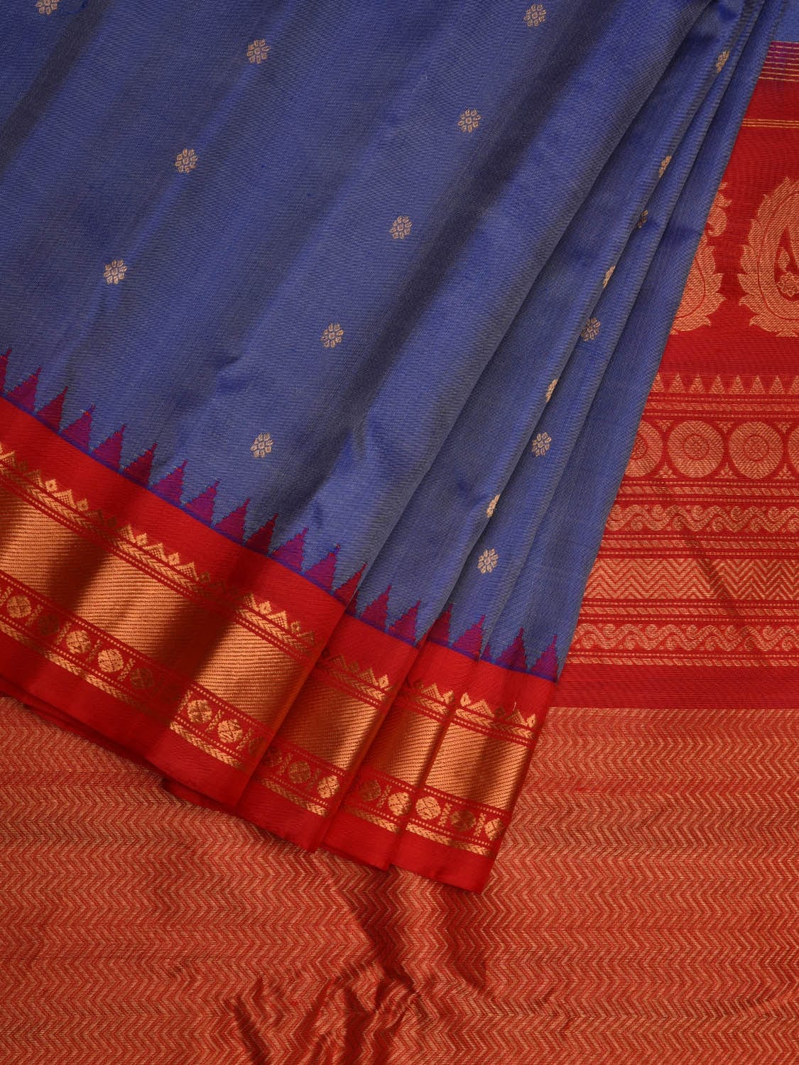 Grey and Red Gadwal Silk Handloom Saree with Buta and Temple Border Design g0330