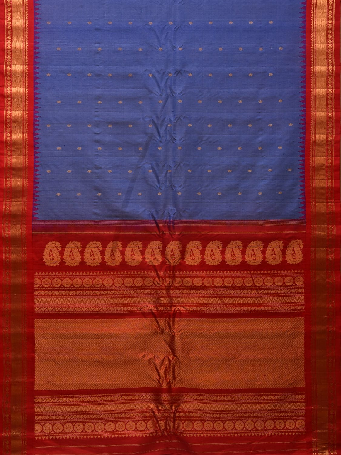 Grey and Red Gadwal Silk Handloom Saree with Buta and Temple Border Design g0330