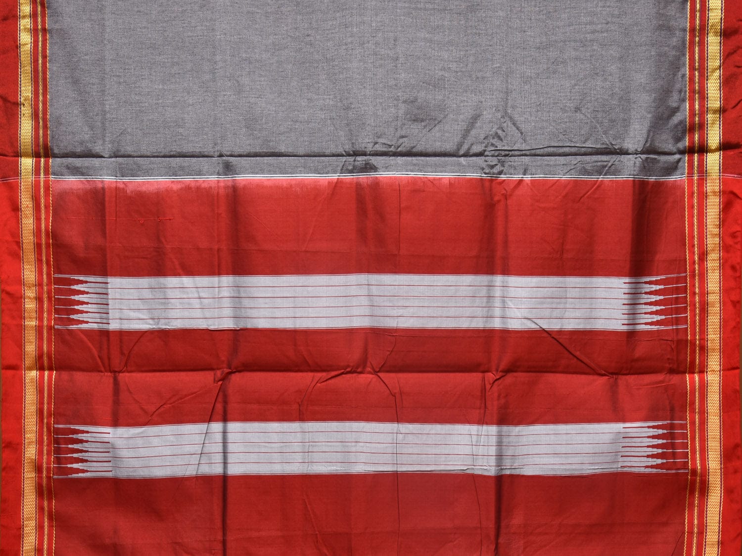 Grey and Red ilkal Cotton Plain Saree with Zari Border Design o0446