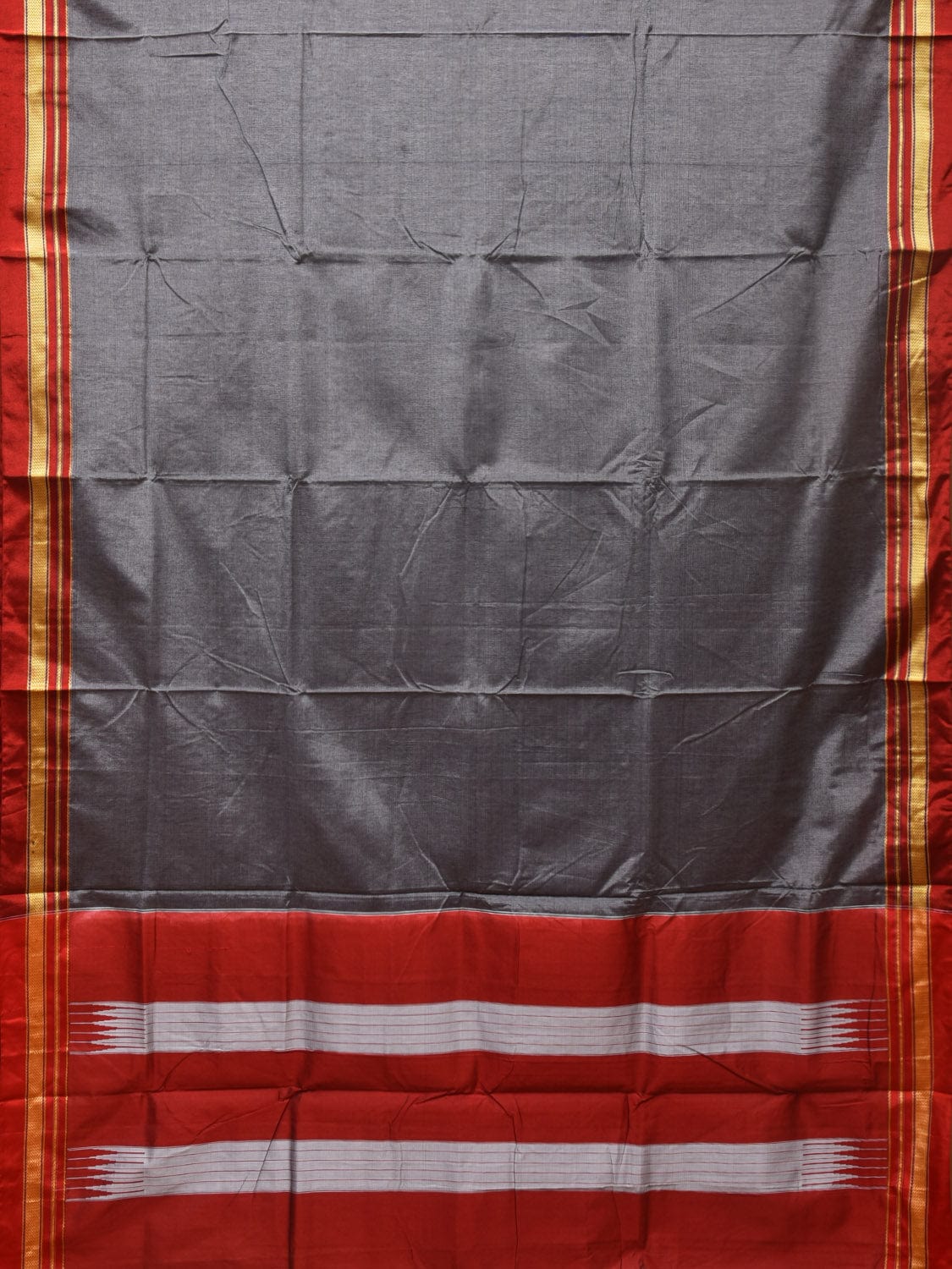 Grey and Red ilkal Cotton Plain Saree with Zari Border Design o0446
