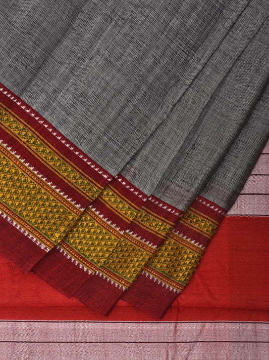 Grey and Red ilkal Viscose Silk Plain Saree with Strips Pallu Design o0472