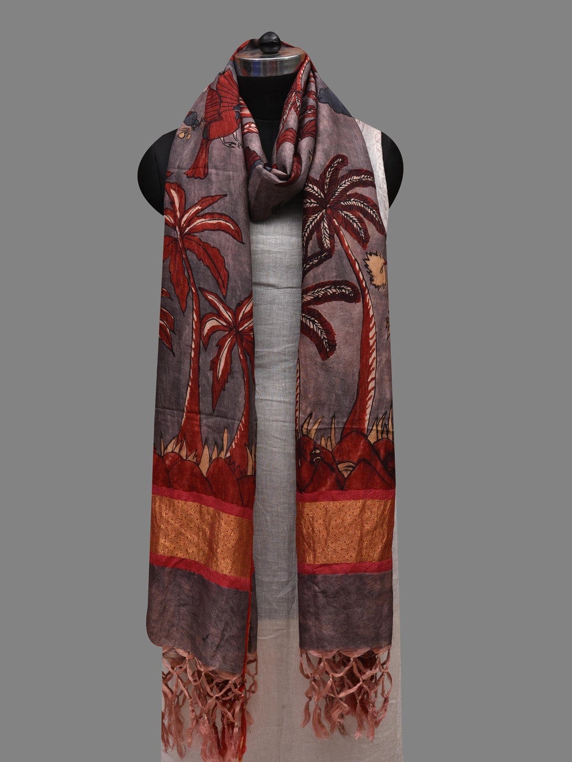 Grey and Red Kalamkari Hand Painted Kanchipuram Silk Handloom Dupatta with Birds and Trees Design ds2620