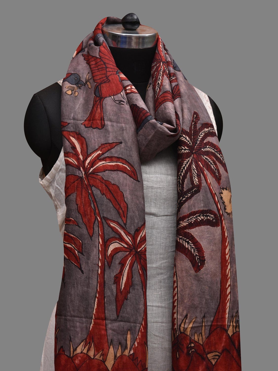 Grey and Red Kalamkari Hand Painted Kanchipuram Silk Handloom Dupatta with Birds and Trees Design ds2620