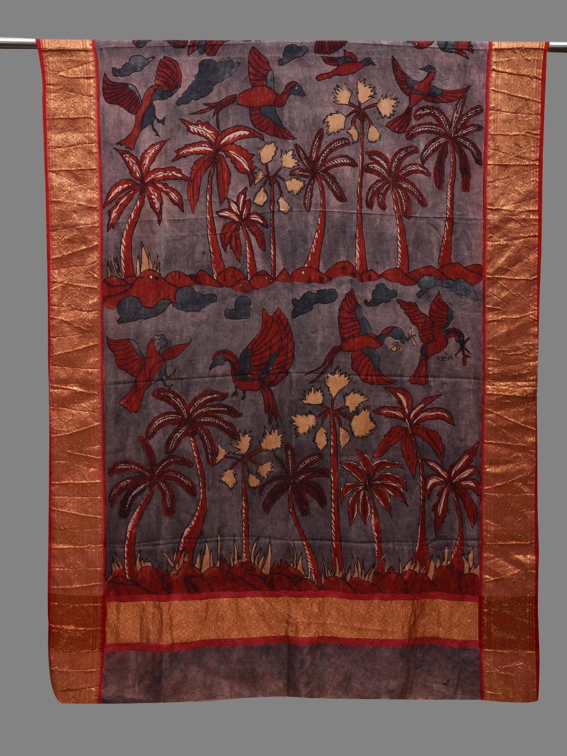 Grey and Red Kalamkari Hand Painted Kanchipuram Silk Handloom Dupatta with Birds and Trees Design ds2620
