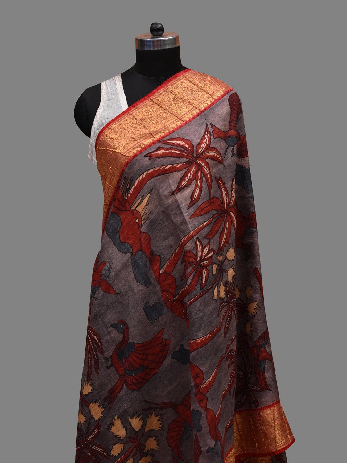 Grey and Red Kalamkari Hand Painted Kanchipuram Silk Handloom Dupatta with Birds and Trees Design ds2620