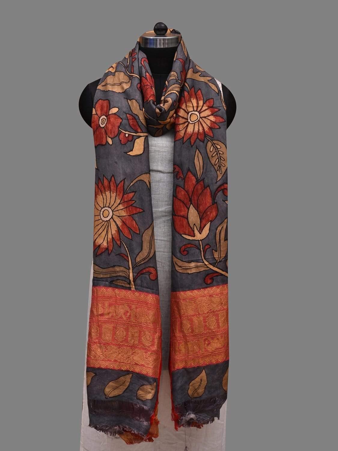 Grey and Red Kalamkari Hand Painted Kanchipuram Silk Handloom Dupatta with Floral Design ds2598
