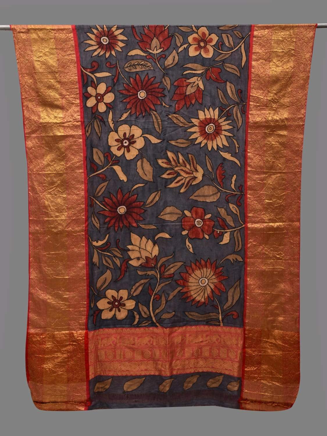 Grey and Red Kalamkari Hand Painted Kanchipuram Silk Handloom Dupatta with Floral Design ds2598