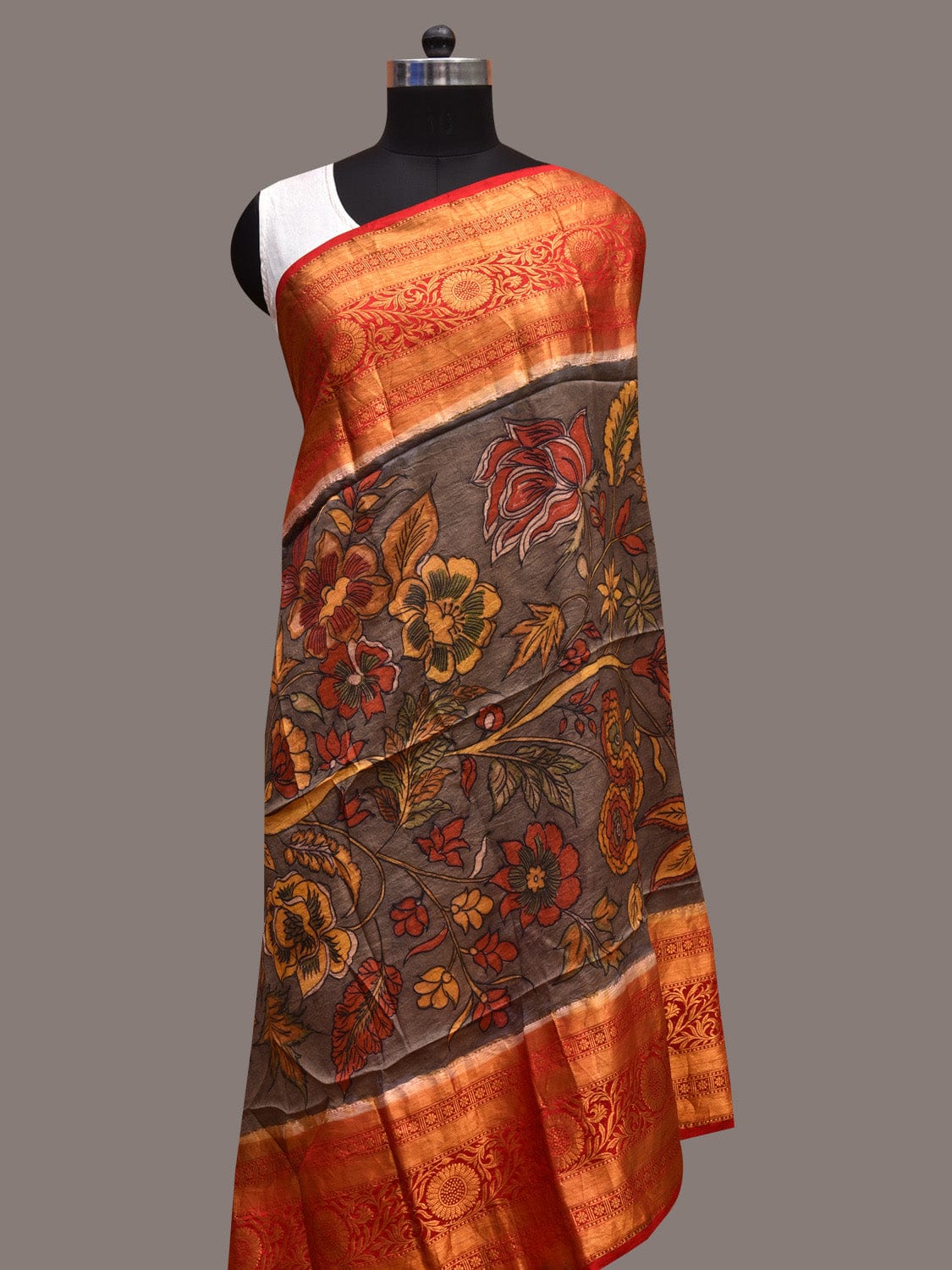 Grey and Red Kalamkari Hand Painted Kanchipuram Silk Handloom Dupatta with Floral Design ds3642