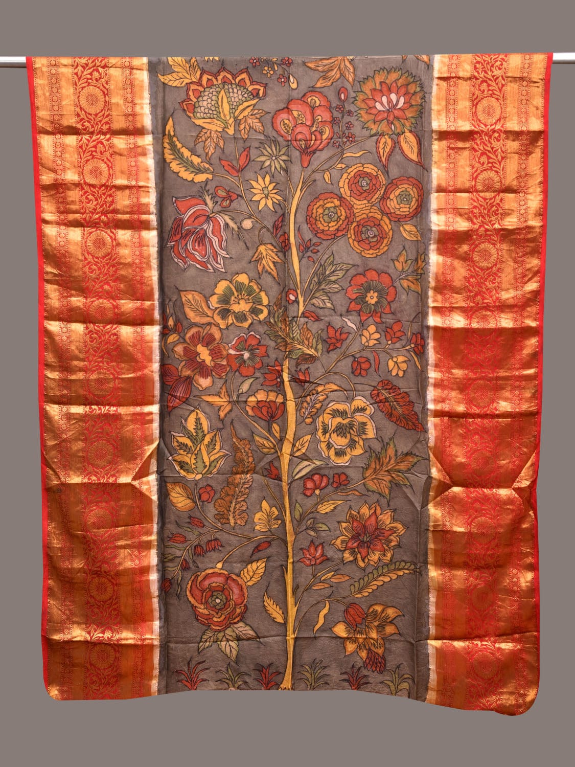 Grey and Red Kalamkari Hand Painted Kanchipuram Silk Handloom Dupatta with Floral Design ds3642