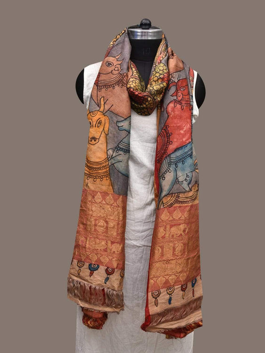 Grey and Red Kalamkari Hand Painted Kanchipuram Silk Handloom Dupatta with Krishna and Cows Design ds2353