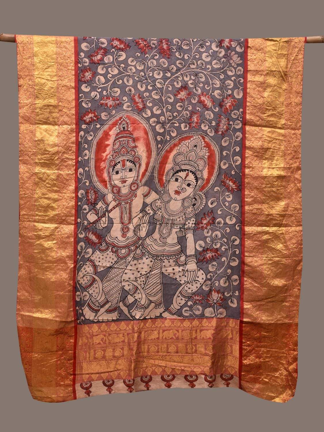 Grey and Red Kalamkari Hand Painted Kanchipuram Silk Handloom Dupatta with Krishna Design ds2352