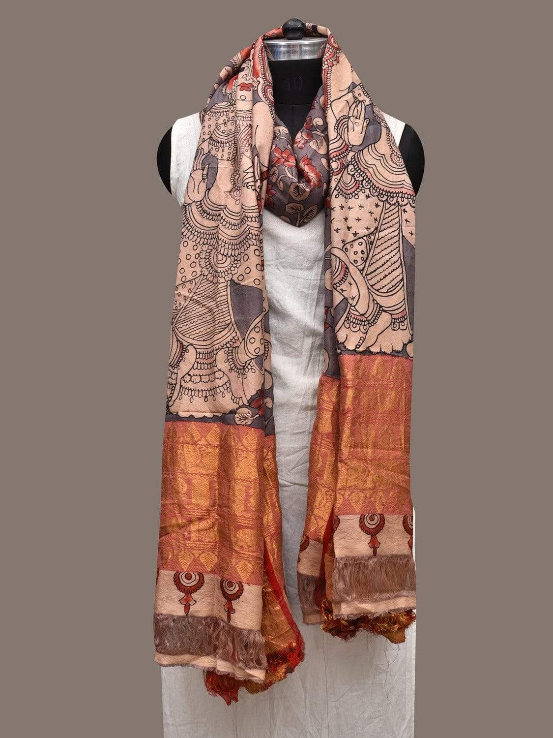 Grey and Red Kalamkari Hand Painted Kanchipuram Silk Handloom Dupatta with Krishna Design ds2352