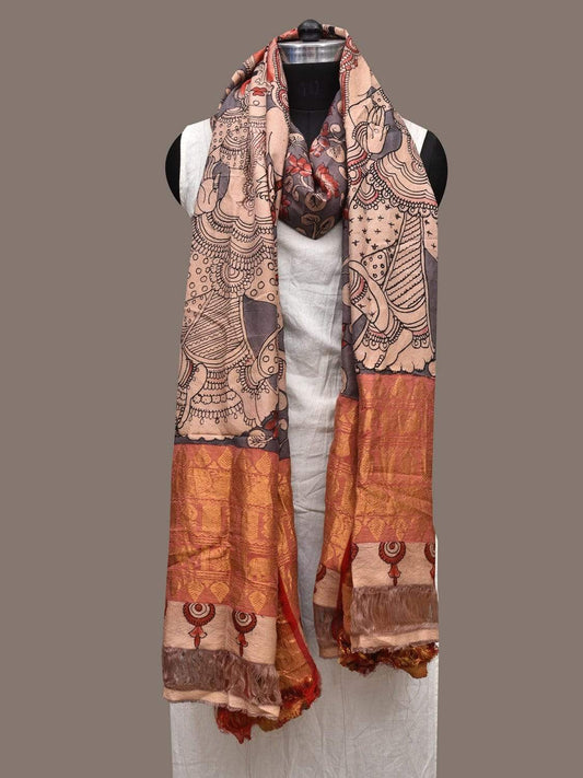 Grey and Red Kalamkari Hand Painted Kanchipuram Silk Handloom Dupatta with Krishna Design ds2352