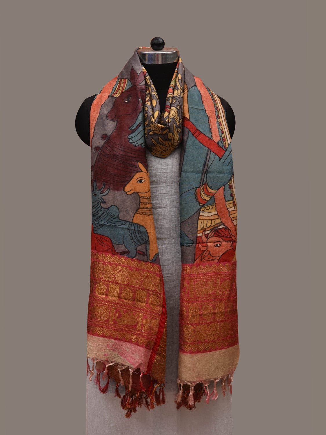 Grey and Red Kalamkari Hand Painted Kanchipuram Silk Handloom Dupatta with Krishna Design ds2957