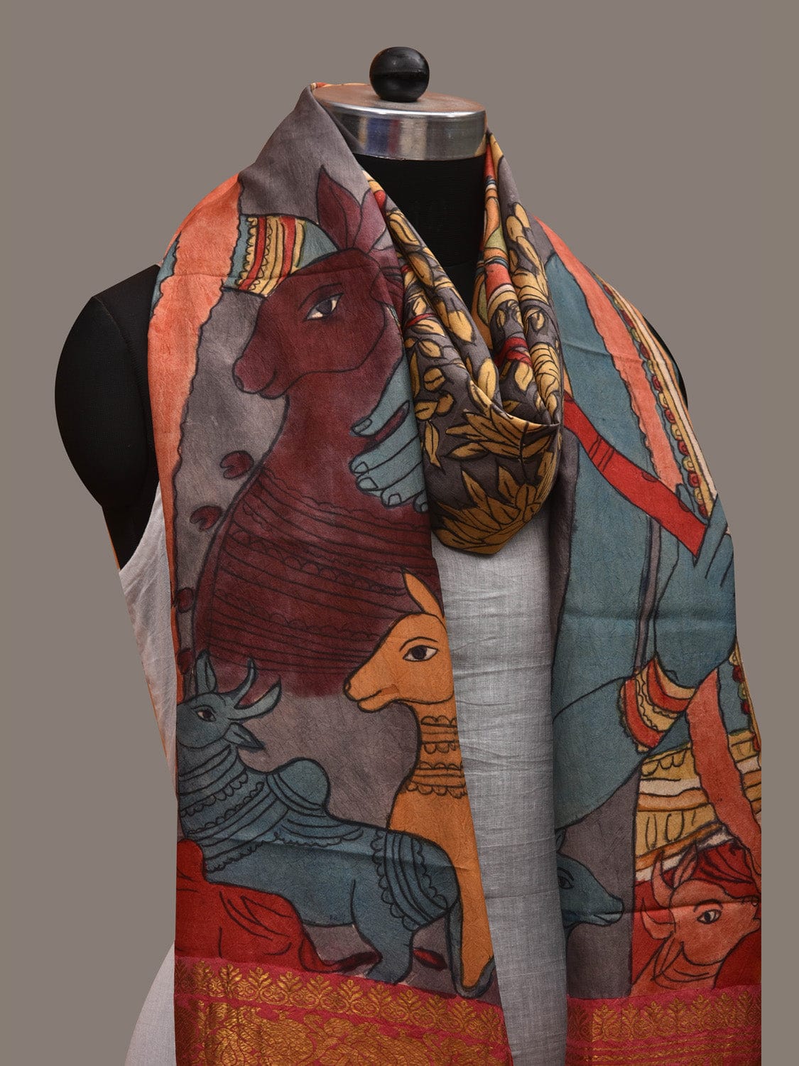 Grey and Red Kalamkari Hand Painted Kanchipuram Silk Handloom Dupatta with Krishna Design ds2957