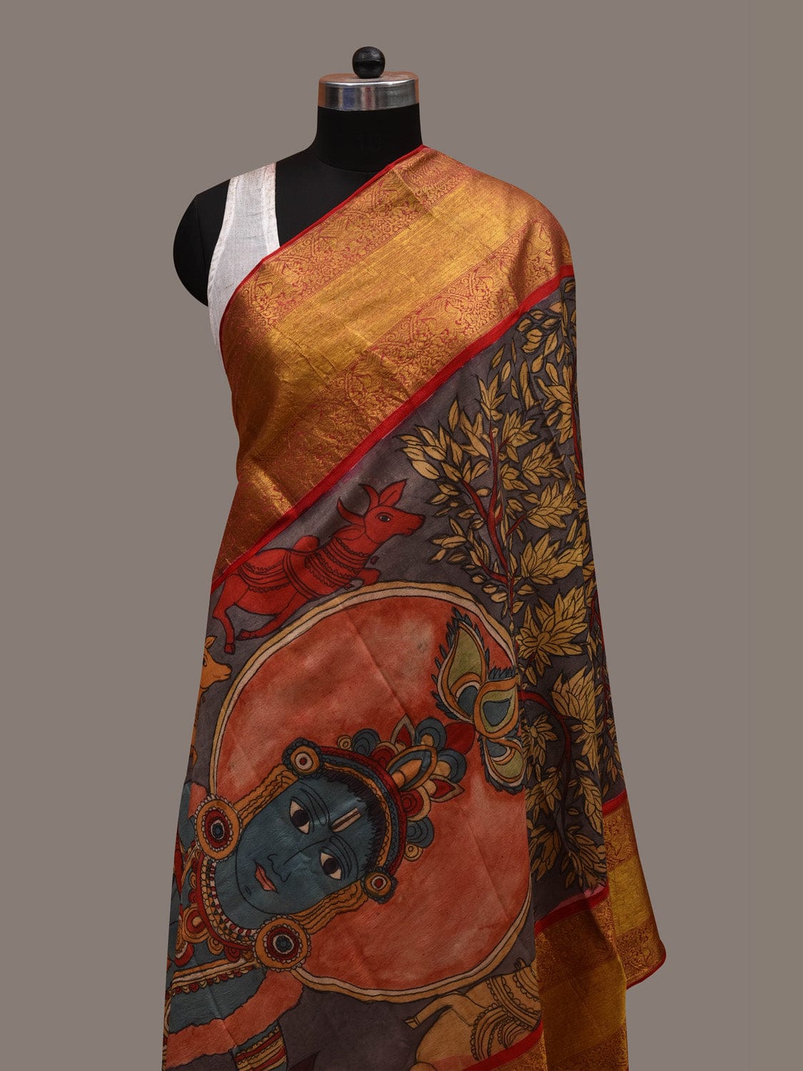 Grey and Red Kalamkari Hand Painted Kanchipuram Silk Handloom Dupatta with Krishna Design ds2957