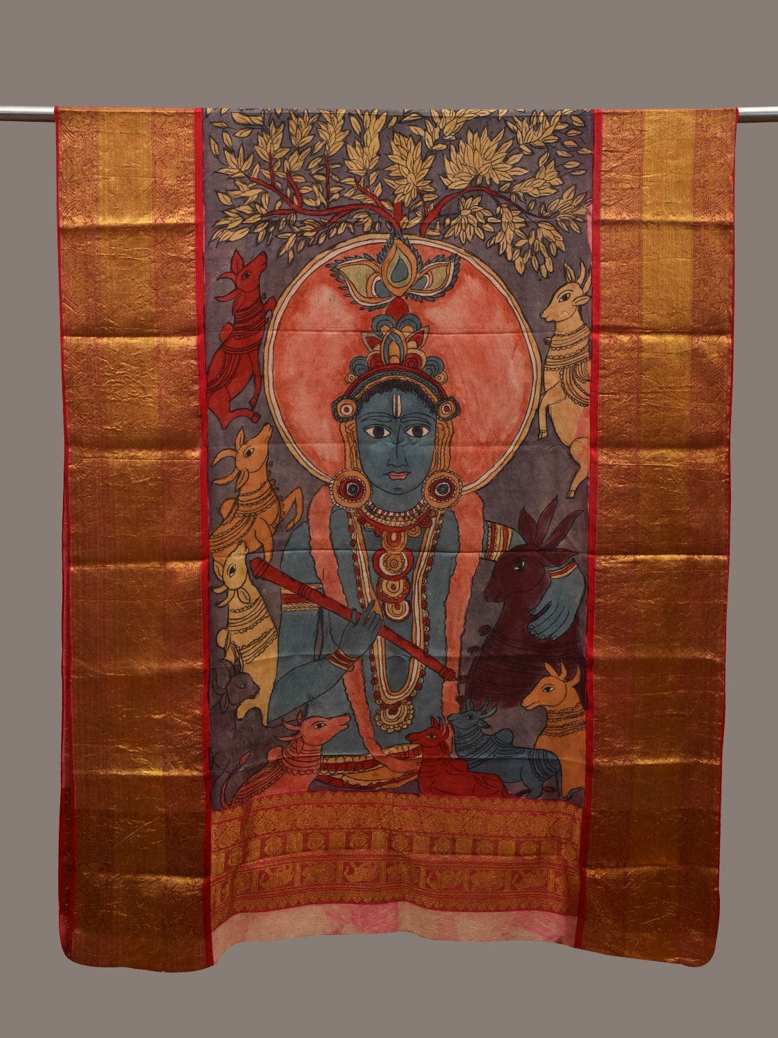 Grey and Red Kalamkari Hand Painted Kanchipuram Silk Handloom Dupatta with Krishna Design ds2957