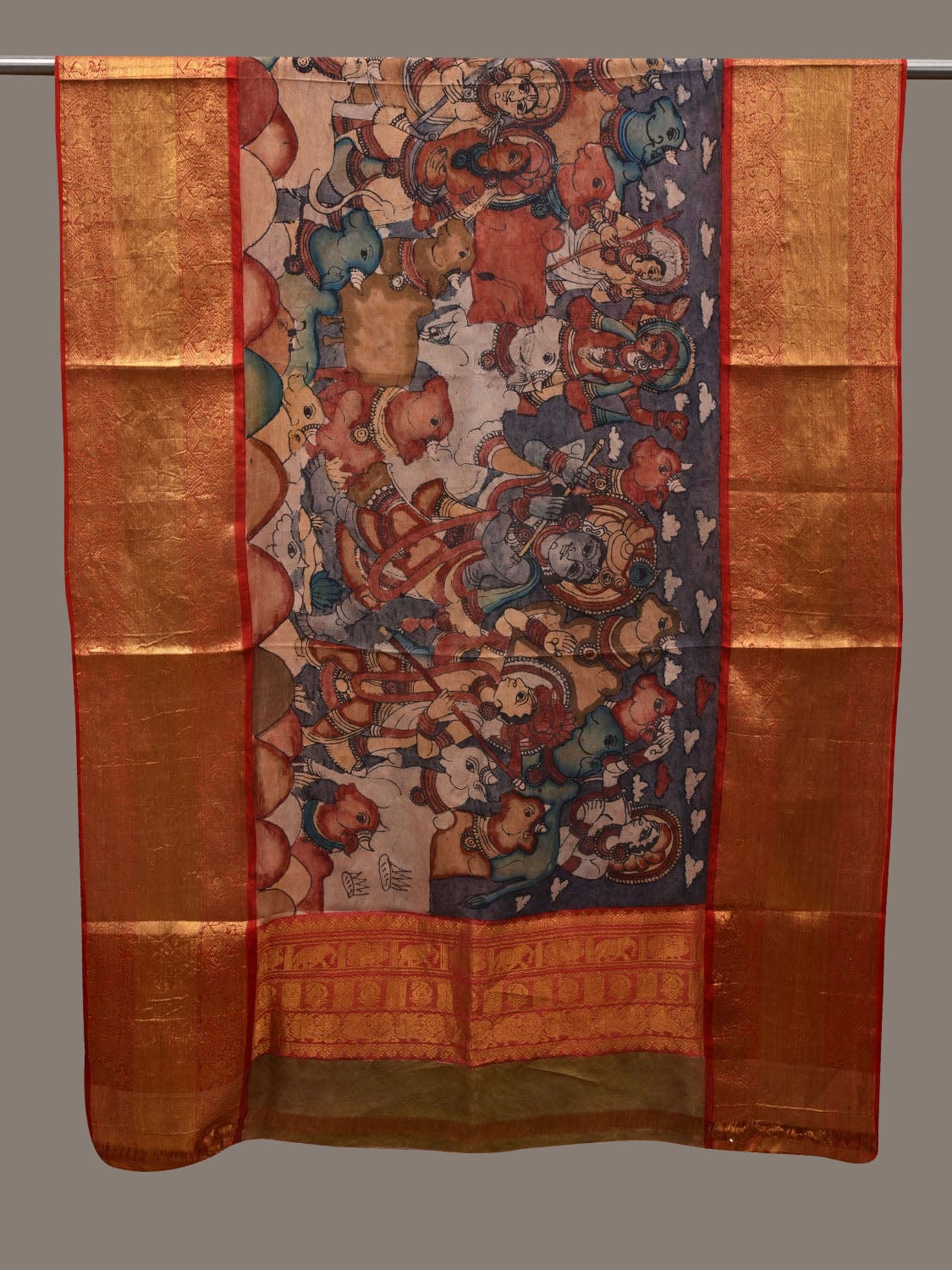 Grey and Red Kalamkari Hand Painted Kanchipuram Silk Handloom Dupatta with Krishna Leela Design ds2788