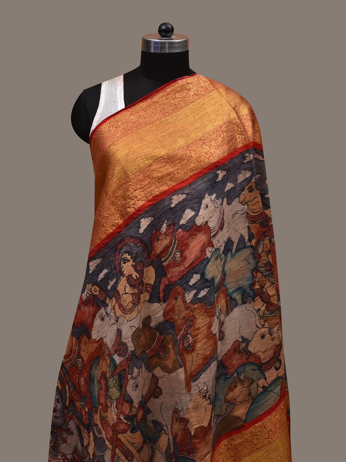 Grey and Red Kalamkari Hand Painted Kanchipuram Silk Handloom Dupatta with Krishna Leela Design ds2788