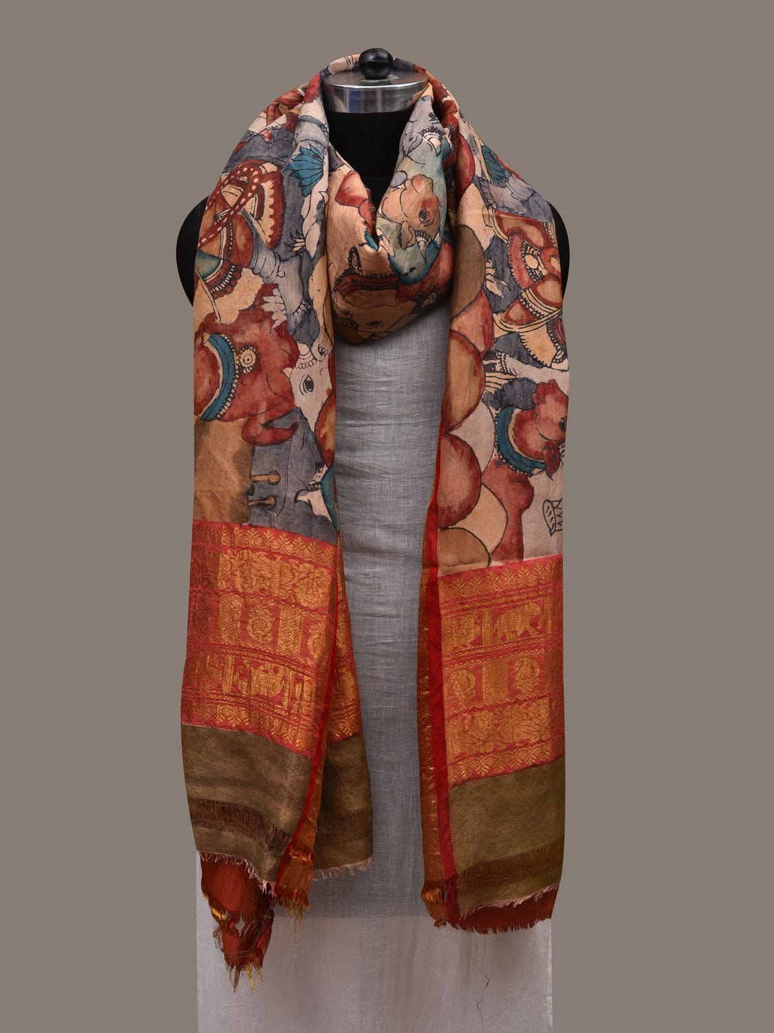 Grey and Red Kalamkari Hand Painted Kanchipuram Silk Handloom Dupatta with Krishna Leela Design ds2788