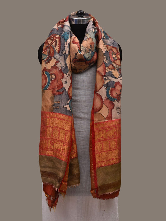 Grey and Red Kalamkari Hand Painted Kanchipuram Silk Handloom Dupatta with Krishna Leela Design ds2788