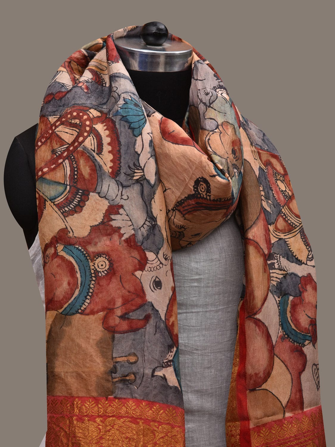 Grey and Red Kalamkari Hand Painted Kanchipuram Silk Handloom Dupatta with Krishna Leela Design ds2788