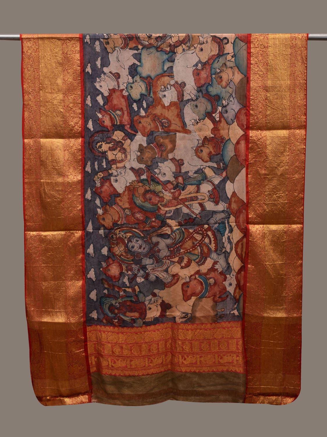 Grey and Red Kalamkari Hand Painted Kanchipuram Silk Handloom Dupatta with Krishna Leela Design ds2788